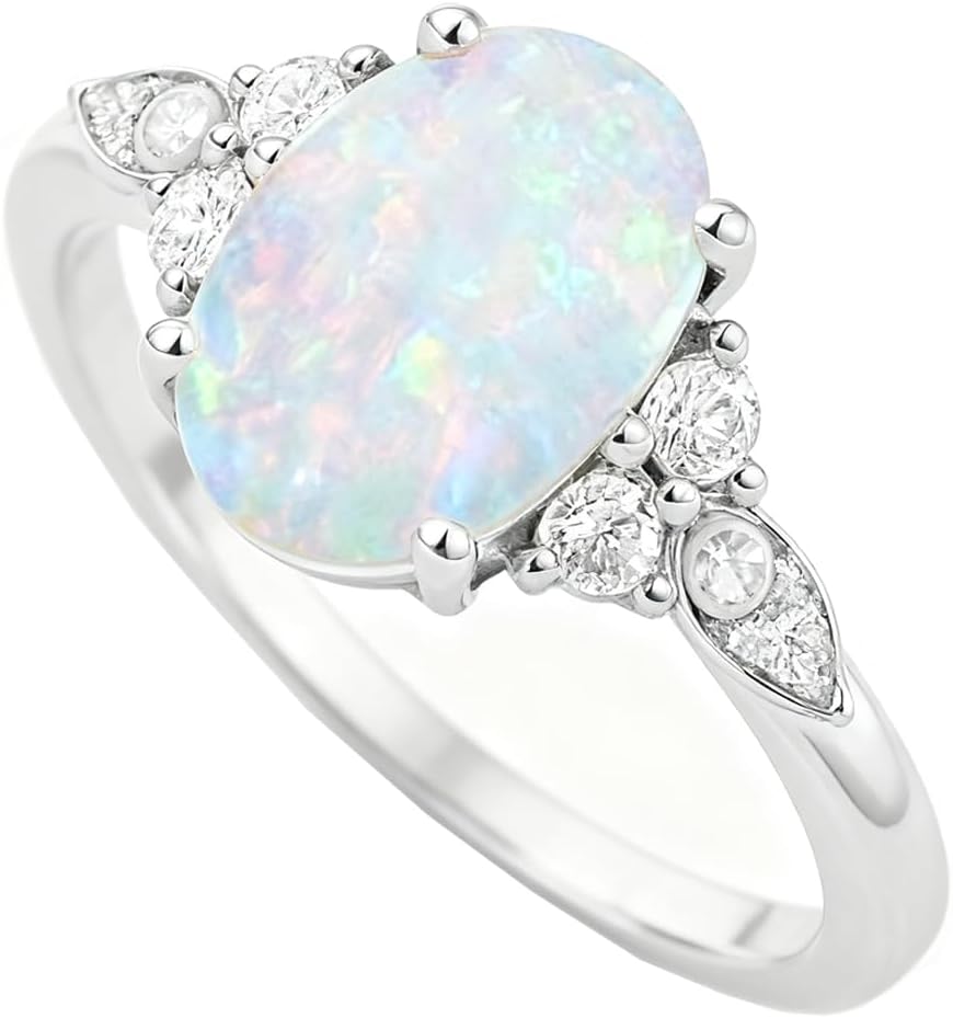 925 Sterling Silver Opal Engagement Rings for Women Center 1CT Oval Cut Opal Promise Wedding Rings with Moissanite for Her