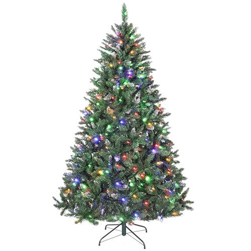 HOMCOM Árvore de Natal 210 cm, árvore natalícia com abeto com luzes LED, 9 modos de iluminação, 1160 ramos com neve artificial, suporte metálico, fácil de montar, verde