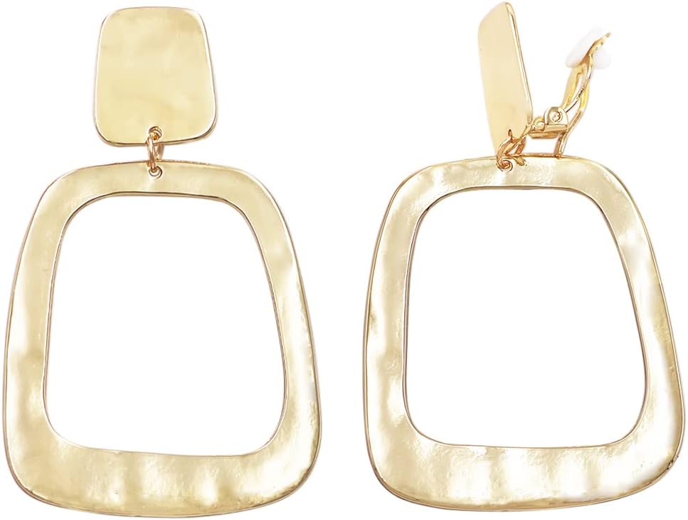 Rosemarie & Jubalee Women's Polished Metal Squared Geometric Open Hoop Statement Clip On Earring, 3.12