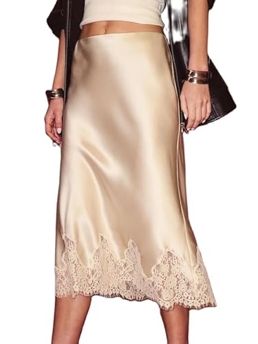 Women Silk Satin Half Slip Long Skirts Lace Patchwork Elastic