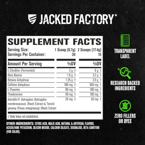 Image of Jacked Factory NITROSURGE Pre Workout Supplement - Endless Energy, Instant Strength Gains, Clear Focus, Intense Pumps - NO Booster & Powerful Preworkout Energy Powder - 30 Servings, Sour Peach Rings