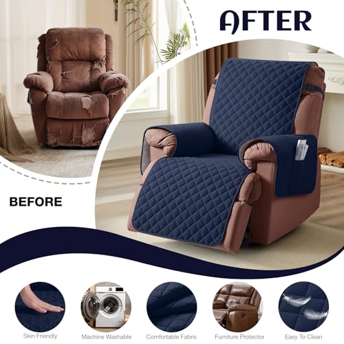 Image of KinCam 100% Waterproof Recliner Chair Cover, Reclining Couch Covers for Pets, Dogs, Recliner Couch Slipcover Furniture Protector with Elastic Straps for Kids(30 inch, Dark Blue)