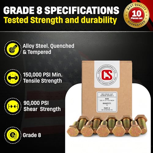 Image of Chenango Supply 5 /8-11 x 1-1 /2 inch Grade 8 Hex Head Cap Screws | Alloy Steel Hex Bolts, 150,000 PSI Tensile Strength, Yellow Zinc Chromate Finish, USS Coarse Thread Fasteners (10 Pack)