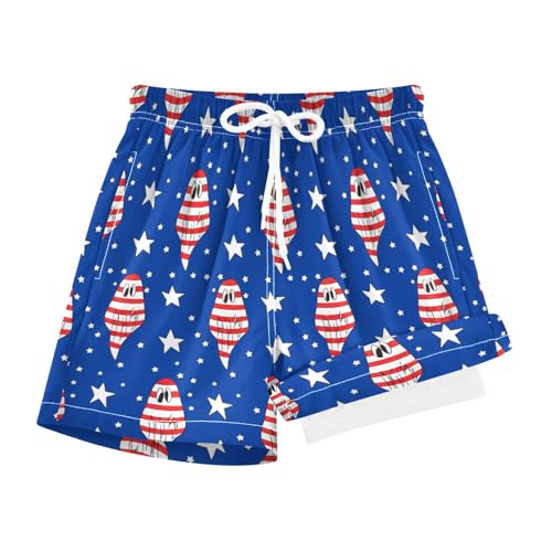YANENDIE Boy Swim Trunks with Compression Liner Striped Ghosts Blue Boys Swim Shorts Quick Dry Beach Shorts