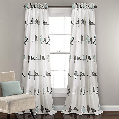 Lush Decor Rowley Birds Light Filtering Window Curtain Panels, Pair, 52" W x 84" L, Blue & Gray, Colorful Floral Print - Image 2