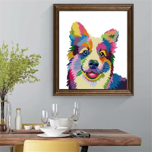Image of JOYSEWING Dog Stamped Cross Stitch Kits for Adults 11CT Printed Embroidery kit for Beginners Needlepoint for Adults DIY Craft kit Home Decor- (Color Dog (Printed) 15.35 x17.32 inches)