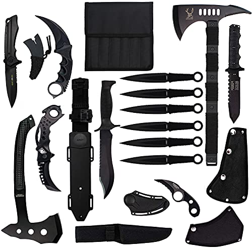 Blade Factory 15pc Tactical Survival Set| 2 Fixed Blades| 2 Axes| Fixed Karambit| Folding Karambit| Multitool Pocket Knife| Mini Neck Knife| 6 Throwing Knife| Holt Multitool Keychain