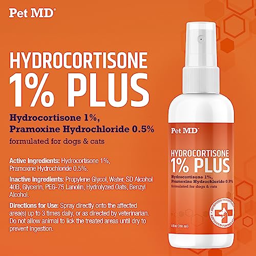 Pet MD Hydrocortisone Spray for Dogs & Cats - Itchy Skin Relief from Hot Spots, Bites, Scrapes, Irritated Skin, & Dermatitis - 4 oz Anti Itch Spray with Pramoxine