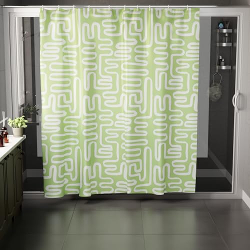 Image of Encasa XO Bathroom Shower Curtain 6 Feet with 10 Hooks | (56x72 in) Quick Dry Heavy Printed Polyester Fabric Bathroom Curtains Waterproof | Machine Washable, Mould & Mildew Resistant - Boho Maze Sage