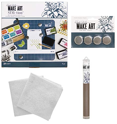 Wendy Vecchi Make Art Stay-Tion, Make Art Non Stick 9"x9" Craft Sheet, Make Art 4 Piece Magnet Set, 2 Clean Life Soft Cleaning Cloths, Bundle of Five Items (WVA64626, WVA69102, WVA68037)