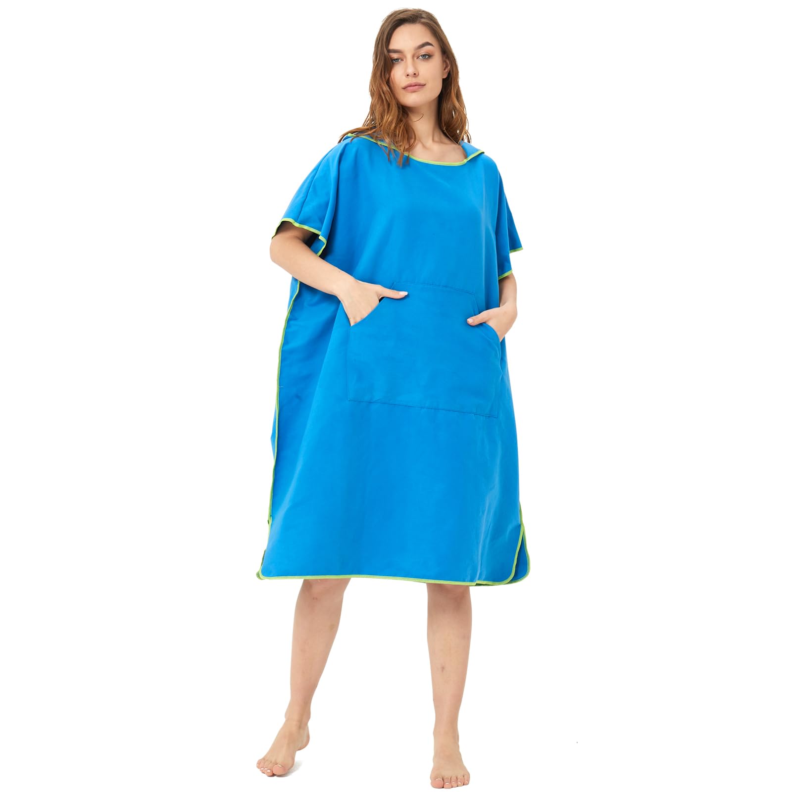 Poncho de Surf, 110 x 90 cm, Toalla de Poncho Adultos Microfibra con Capucha Bolsillo, Poncho Playa para Cambiar Mujer Hombre, Albornoz Natacion para Deporte Acuático Baño, Secado Rápido (Azul)