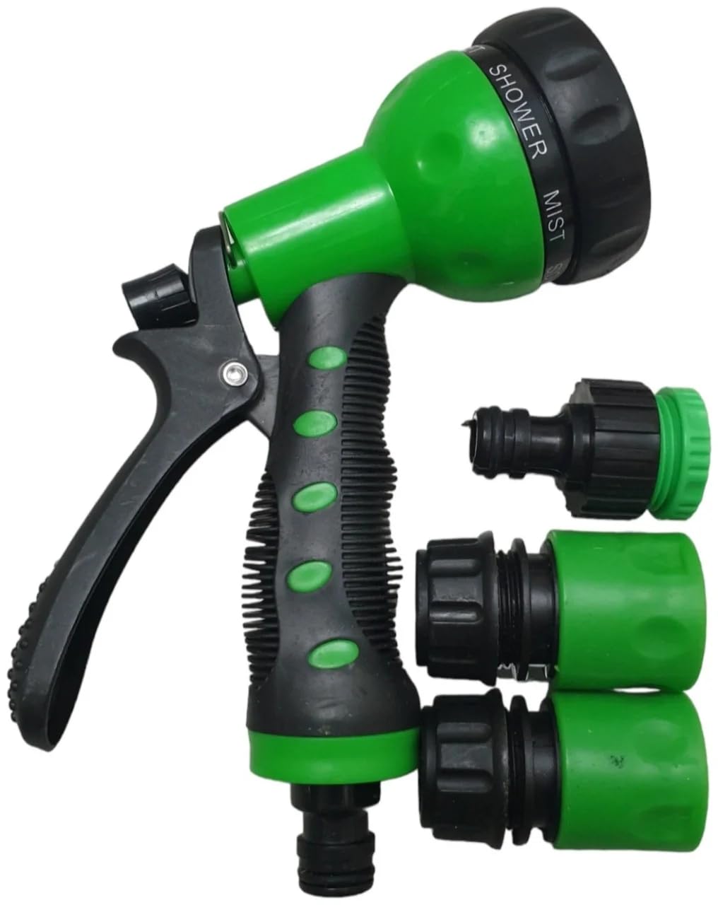 CRYSTALS25 Garden Hose Spray Gun Set with 6 Spray Patterns, Universal UK Hose Connectors, Anti-Slip Grip, Green and Black, 4 Piece Set