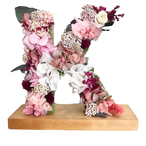 Genérico Letra de Flores Naturales Preservadas Rosadas con Peana de Madera Originalidad y Calidad para Todas las Ocasiones y Decoración de Cualquier Rincón (Letra C, 18cm x 21cm x 2cm)