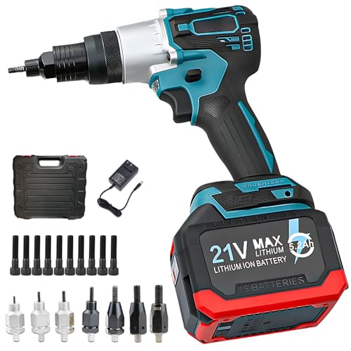 CIELOBLOEN Remachadora inalámbrica portátil y Remachadora de Tuercas, Remachadora eléctrica con batería de 21 V para un Montaje rápido de Tuercas M3, M4, M5, M6, M8, M10 y M12 en Acero.