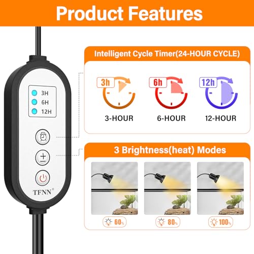 Image of TFNN Reptile Heat Lamp, Heat Lamp with Clamp, UVA UVB Reptile Light with Intelligent Cycle Timer for Turtle, Bearded Dragon, Lizard and More, 2 Bulbs 50W+75W