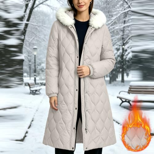 Long Puffer Coat Women Winter Full Zip Quilted Jacket Fur Hood Snap Front | Womens Long Quilted Puffer Coat with Faux Fur Hood, Snap Front, Side Pockets, and Lightweight Warmth for Fall Layering. — view 6