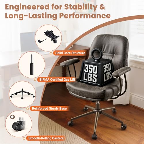 Image of Leather Home Office Chair, Mid Back Ergonomic Desk Chair with Lumbar Support, Mid Century Modern Deep Seat Swivel Rocking Computer Chair, Dark Gray