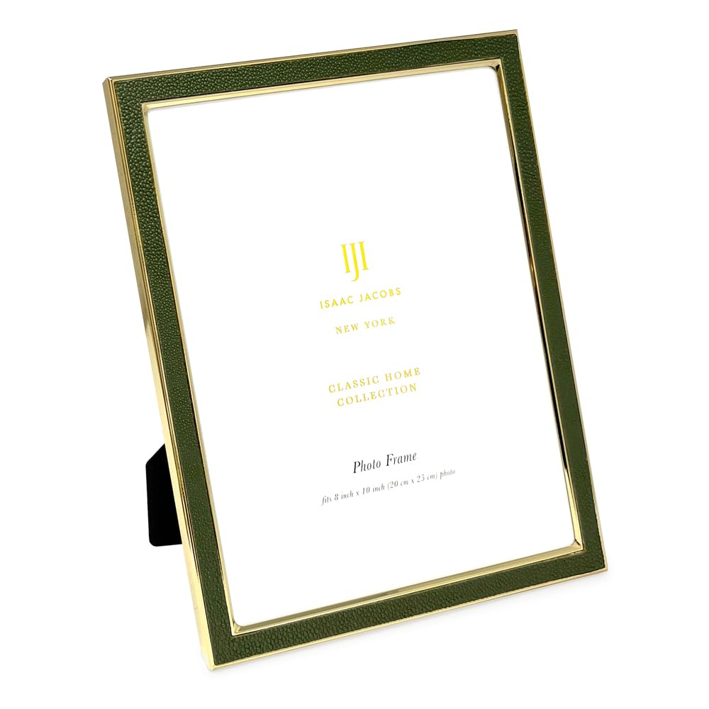 Isaac Jacobs 8x10 Olive Green Leather w/Gold Metal (Vertical & Horizontal) Picture Frame, Shagreen Border w/Black Fabric Easel, Wall-Mountable, Tabletop, Photo Gallery (8x10, Olive Green W/Gold)