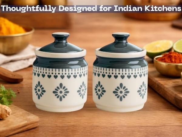 Image of Classyo Ceramic Storage Containers - 600 ml, Salt Container, Pickle Jar with lid, Ceramic Jars for Kitchen Storage for Achar and Namak (Gray Floral, Set of 2)