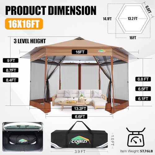 Image of COBIZI 16x16 Pop Up Gazebo Tent with Mosquito Netting, Gazebos on Clearance, Hexagonal Outdoor Canopy Shelter, Patented Center Lock 6-Sided Portable Gazebos, Pop Up Canopy Tent for Backyard, Brown