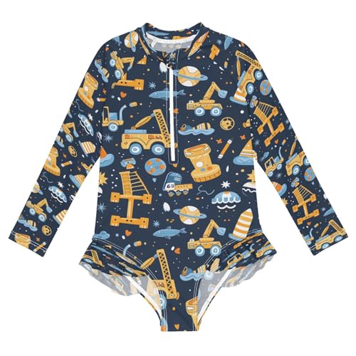 Cartoon Excavator A Girls Long Sleeve Swimsuits One Piece Zipper Bathing Suit UPF 50+ Rashguard Swimwear
