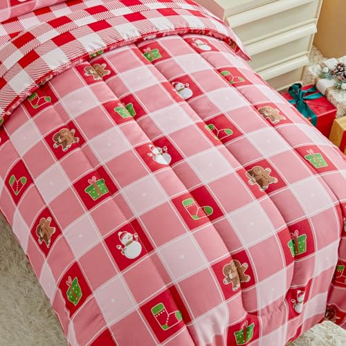 Image of Christmas Toddler Bedding Set for Boys Girls Red White Plaid Colorful Holiday 4PC Toddler Bed Set - Cute Toddler White Bed in a Bag with Snowman Socks GIF Box