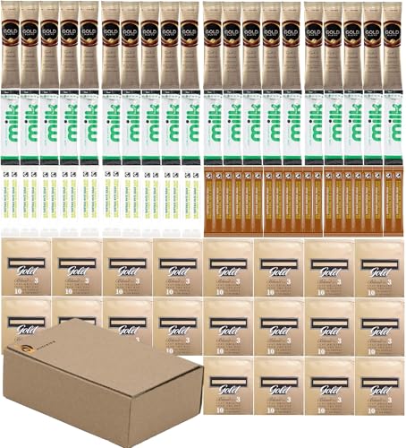 Premium Office & Hotel Tea and Coffee Sachet Collection – 100 Items | Regular, Luxury & Decaffeinated Choices | AB.GROCERIES® Kit with Tea, Coffee, Sugar, and Milk | Ideal for Hospitality Trays, B&B, Airbnb, Office Supplies (LUXURY)