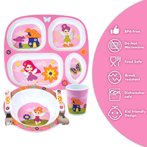 Bentology CC291B93069CDDBB6C74F653EE4DEB3F 5 Pc Mealtime Set For Kids & Toddlers, Fairy Theme- Includes Divided Plate Cup Bowl Fork Spoon- Dishwasher Safe, Bpa Free- Cute Compartment Dish To Put Food In 4 Sections thumb #3