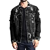 QOAAIE Men's Lapel Ripped Denim Jackets Single Breasted Distressed Cowboys Coat Long Sleeve Washed Destroyed Outwear (Black,Medium)