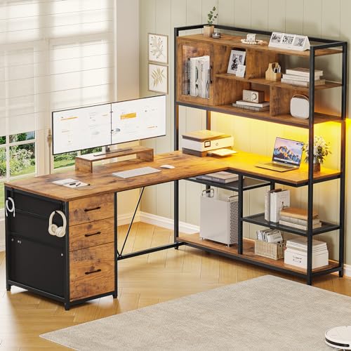 SEDETA L Shaped Computer Desk, 58'' Office Desk with 3 Drawers and Bookshelf, L Shaped Corner Desk with Storage Shelves and LED Light for Home Office,
