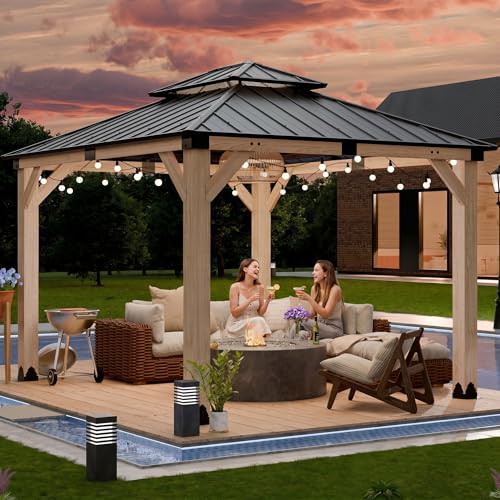 CHARMELEON 10x12 FT Cedar Wood Gazebo,Hardtop Wooden Gazebo with 4.6in Thickened Posts&High Load-Bearing Roof for Outdoor, Patio, Backyard-Gray