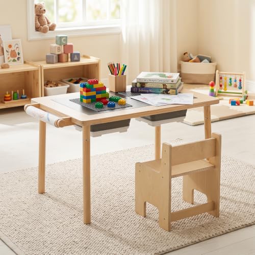 Image of Costzon Toddler Table and Chair Set, Wooden Sensory Table w /2-Sided Boards & 2 Foldable Storage Bins, All-in-One Kids Activity Table for Drawing, Crafting, Sand and Water Play (Light Wood Tone, 2 PCS)