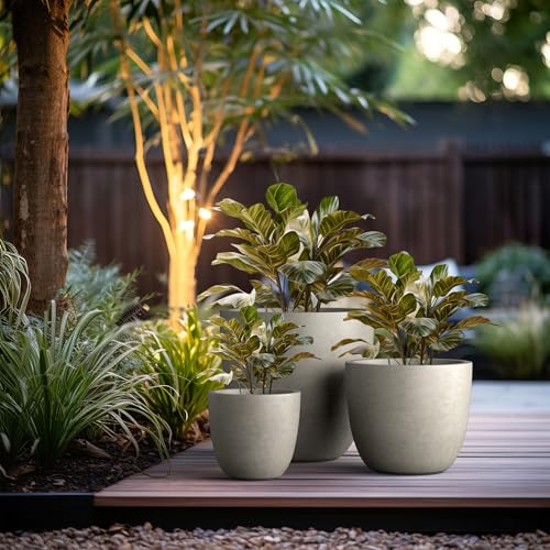 Image of Kante Set of 3 Weathered Concrete Bowl Planters 18 inch 14 inch 10 inch Dia