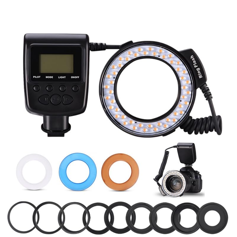 Ringblitz, 48 Makro-LED-Ringblitzlicht mit Blitzdiffusoren, Adapterringe für Nikon Fuji Pentax und andere DSLR-Kameras