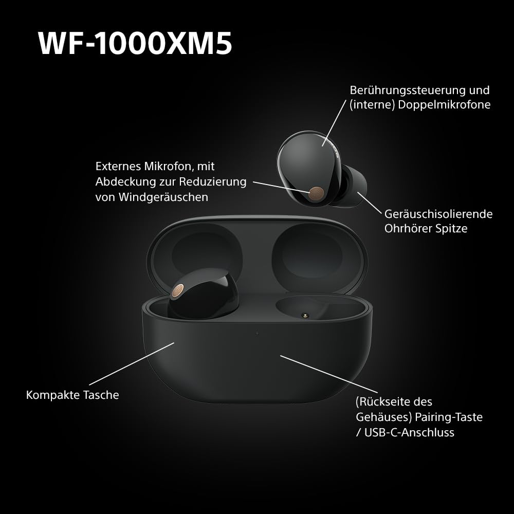 Sony WF-1000XM5 Kabellose Noise Cancelling Kopfhörer, Bluetooth, In-Ear-Kopfhörer, Mikrofon, bis zu 24 Stunden Akkulaufzeit, Schnellladefunktion, IPX4, iOS & Android kompatibel - Schwarz, klein