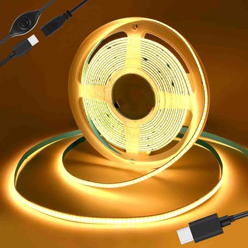 Image of USB Type-C Powered 1M /3.28Ft 5V COB LED Strip Light with Dimmer of Memory Function,Warm White 2700K,640LEDs,Flexible Tape Light for TV Monitor Backlight,Mirror,Cabinet,Wardrobe,Cupboard DIY Lighting