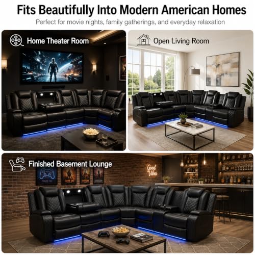 Image of Power Recliner Sectional Sofa Set with USB, LED & Storage - Black Leather Reclining Couch with Cup Holders & Pull-Down Table - Modern Living Room Furniture Set for Home Theater Comfort
