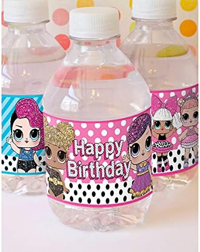 15 LOL Water Bottle Labels Doll Stickers Birthday Party Supplies for Girls,  Dots, 3 Patterns