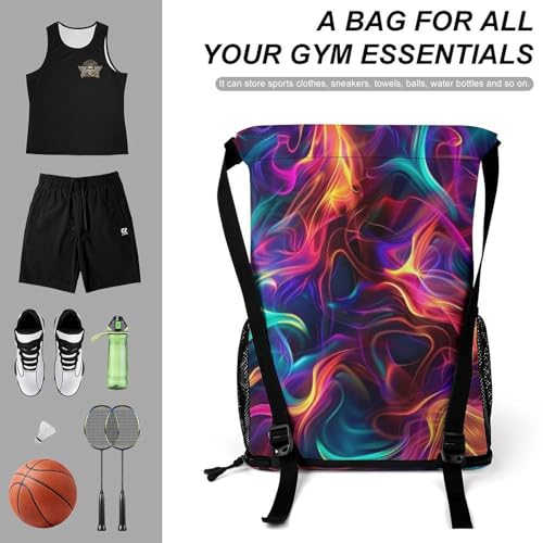Colorful Rainbow Fire Flames Drawstring Backpack Gym Bag With Shoe Compartment String Bag Sport Beach Sackpack3