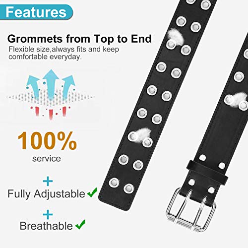 Sansths Double Grommet Pu Leather Belt For Women Men Punk Rock Metal Jeans Belts 1 1/2 Inch, Black S #TOP4