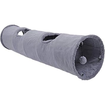 Primst Collapsible Cat Tunnel,Durable Suede Pet Toys Play Tunnel with Ball and Hole,for Cats and Rabbits (Grey 51x12inch)