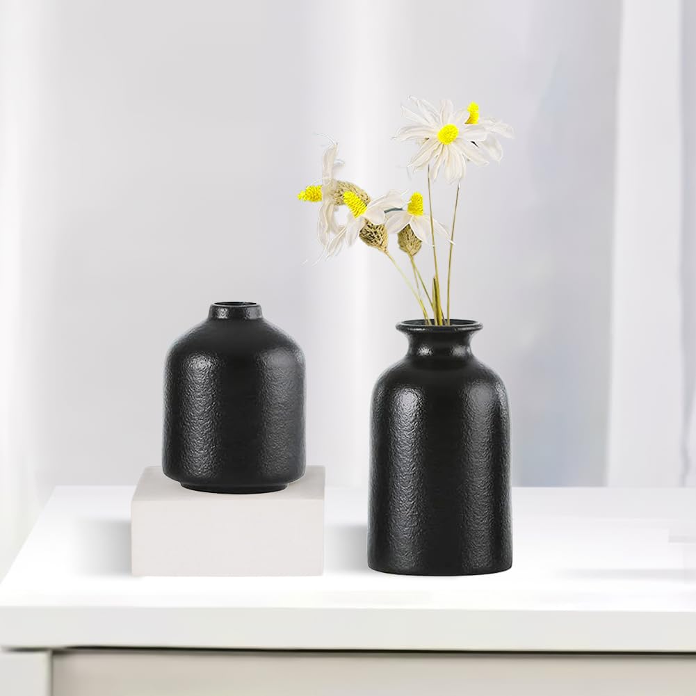 Set van 3 boho decoratieve esthetische kleine bloemenvazen voor decoratie, vaas, mat zwart, keramische decoratieve vazen voor pampasgras, idee rek ( zwart