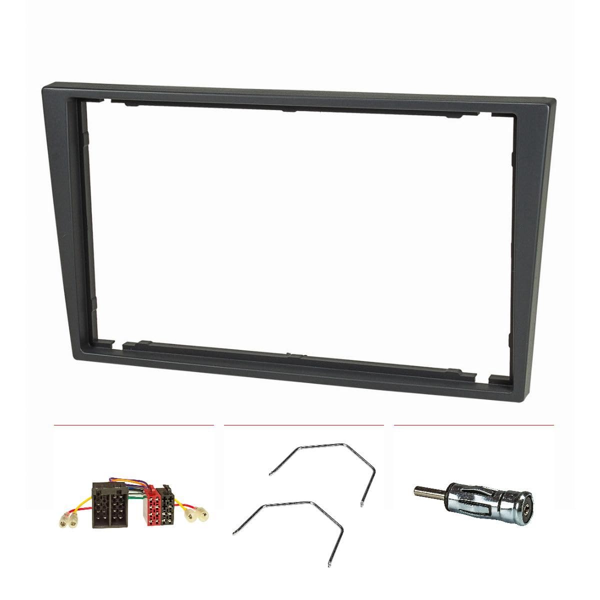 tomzz Audio 2439-006 Kit de Cache-Radio Double DIN Compatible avec Opel Corsa C Combo Omega B Vectra C Meriva Gris fumé avec Adaptateur Radio ISO Adaptateur d'antenne ISO DIN Etrier de déverrouillage