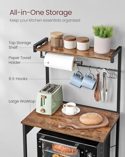 Image of VASAGLE BARNET Collection - Kitchen Bakers Rack with Power Outlet, 23.6-Inch Wide Coffee Bar 4-Tier with 8 S Hooks, Modern Microwave Stand, Adjustable Shelf, Rustic Brown and Ink Black UKKS014K01V1