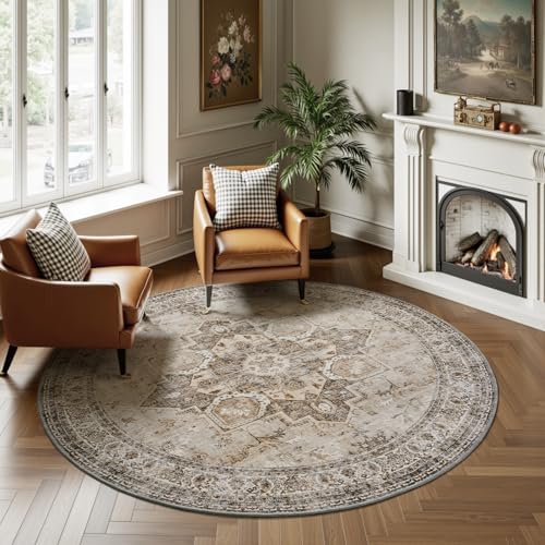 6 ft Round Rugs for Living Room Bedroom Rug Circle Area Rug for Dining Room Table Throw Vintage Circular Rugs Washable Soft Comfortable Beige Beige Brown 6' (Round)