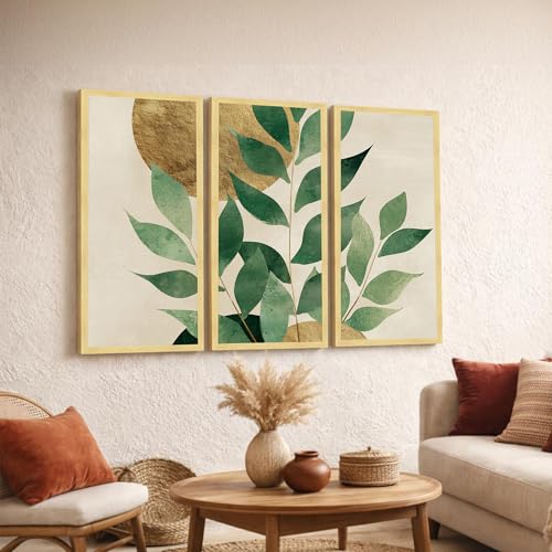 Image of PAINTINGMANTRA Botanical Leaf Framed Wall Art Set of 3 | Modern Nature-Inspired Boho Wall Decor | Engineered Wood Frame Art for Living Room, Bedroom & Office, 8.9x18.9 Inch