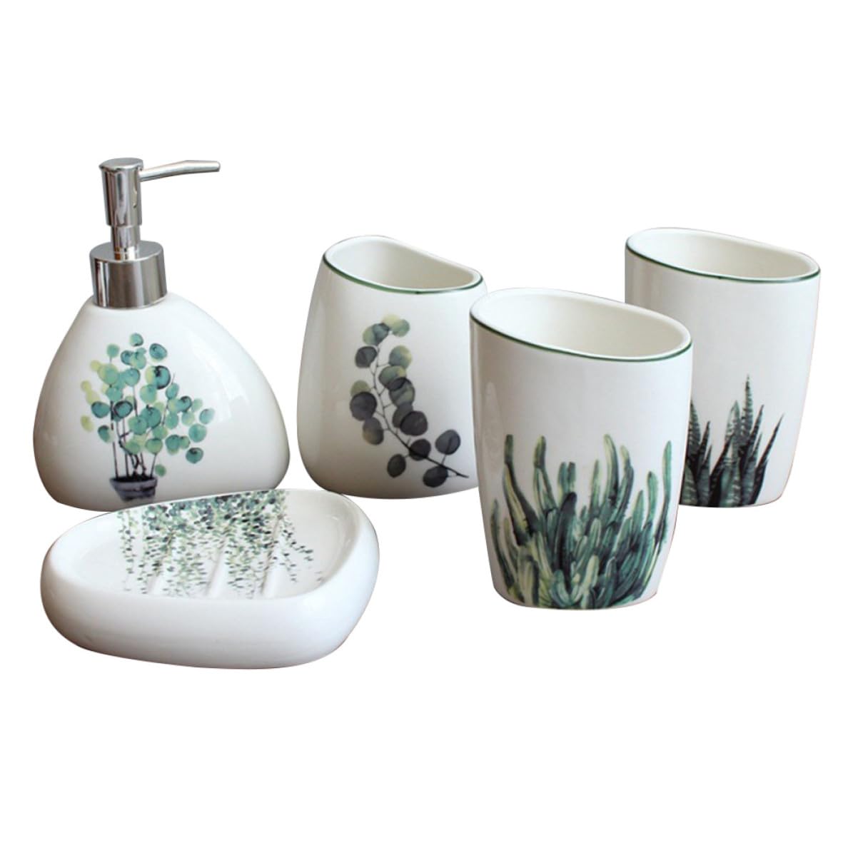 Baluue Set Accessori Bagno in Ceramica 5 Pezzi con Bicchieri, Dosatore Sapone e Vassoio, Design Elegante e Levigatura Liscia per Uso Quotidiano Colore Casuale