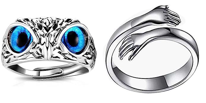 Malas Collections OWL BLUE EYES & SILVER HUG RING DESIGNER MENS RING (Adjustable)-image-14