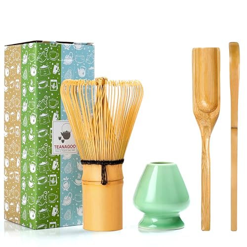 TEANAGOO Matcha Whisk Set, Bamboo Matcha Whisk (Chasen), 4 Pcs Traditional Starter Matcha Set, Scoop (Chashaku) Tea Spoon Whisk Holder, Matcha Accessory, Bamboo Whisk For Matcha Tea (100prongs)