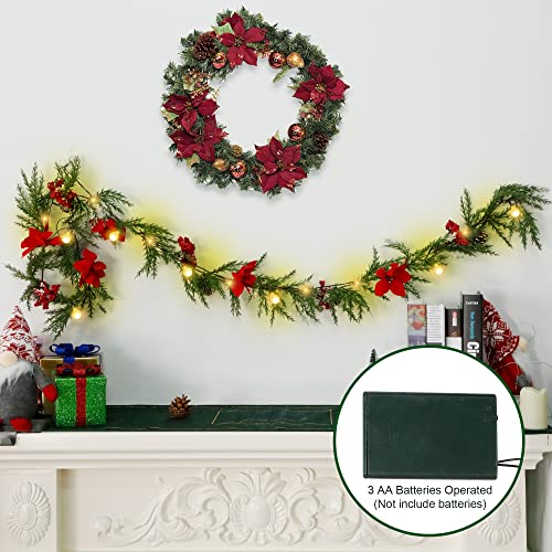 DR.DUDU 6 FT Pre-lit Artificial Christmas Garland with 20 LED Lights, Battery Powered with Pine Cones, Red Berries, Pine Needles, Lighted Christmas Wreath for Holiday Party, Xmas Tree Decorations